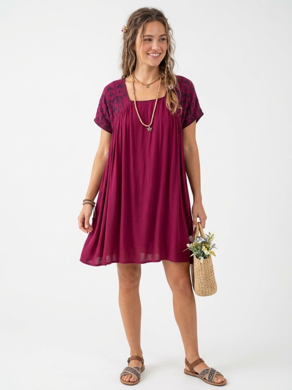 NATURAL LIFE Magenta Short Sleeve Embroidered Yoke Tunic Mini Dress Size L XL